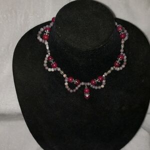 Elegant Maroon And Lavender Jade Beaded Necklace New